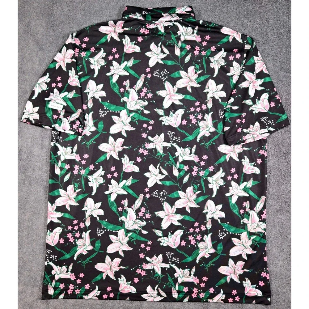 Waggle Golf Polo Mens 2XL Black Pink Floral Lily Performance Stretch Excellent - Picture 9 of 10